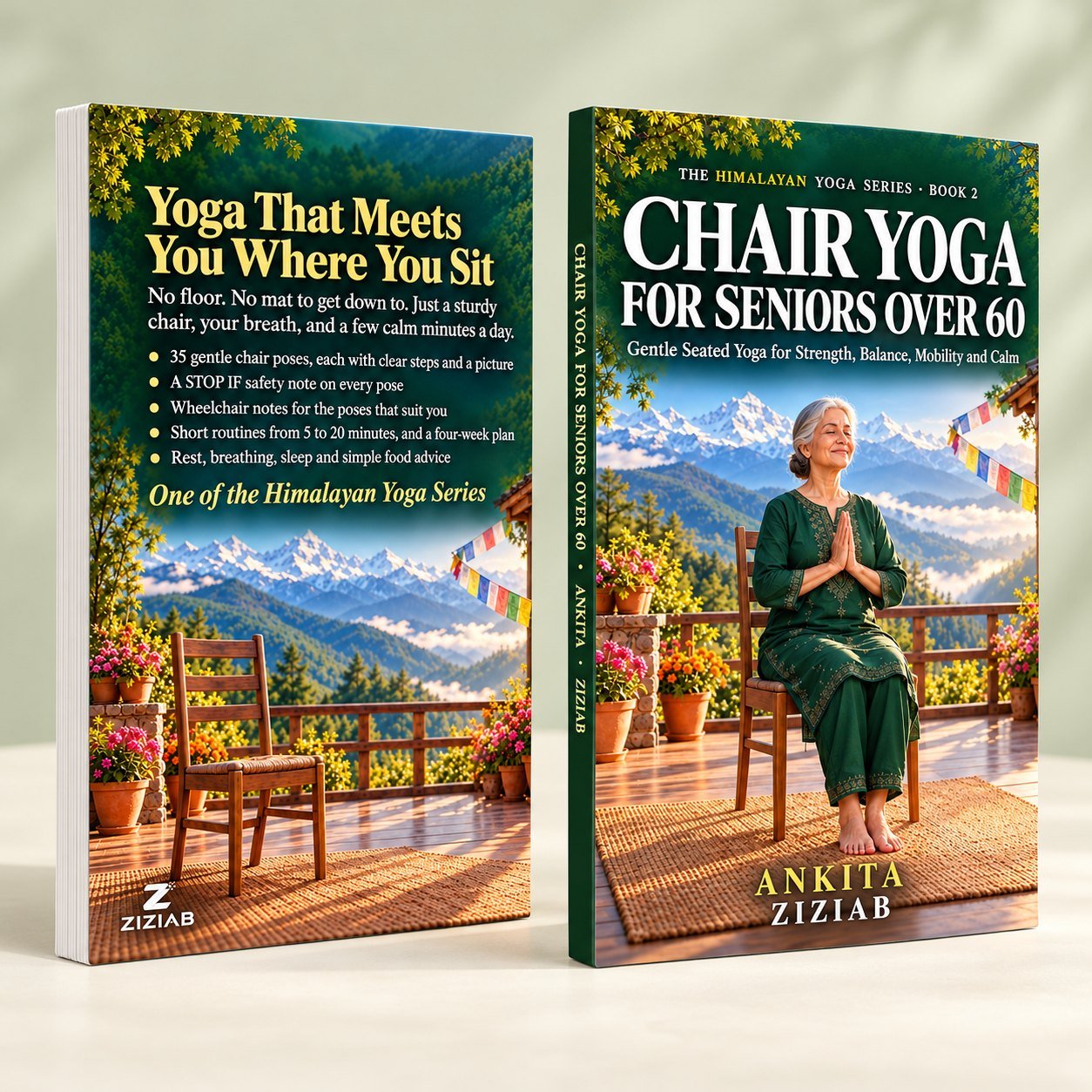 Chair Yoga for Seniors Over 60, front and back cover listing what is inside