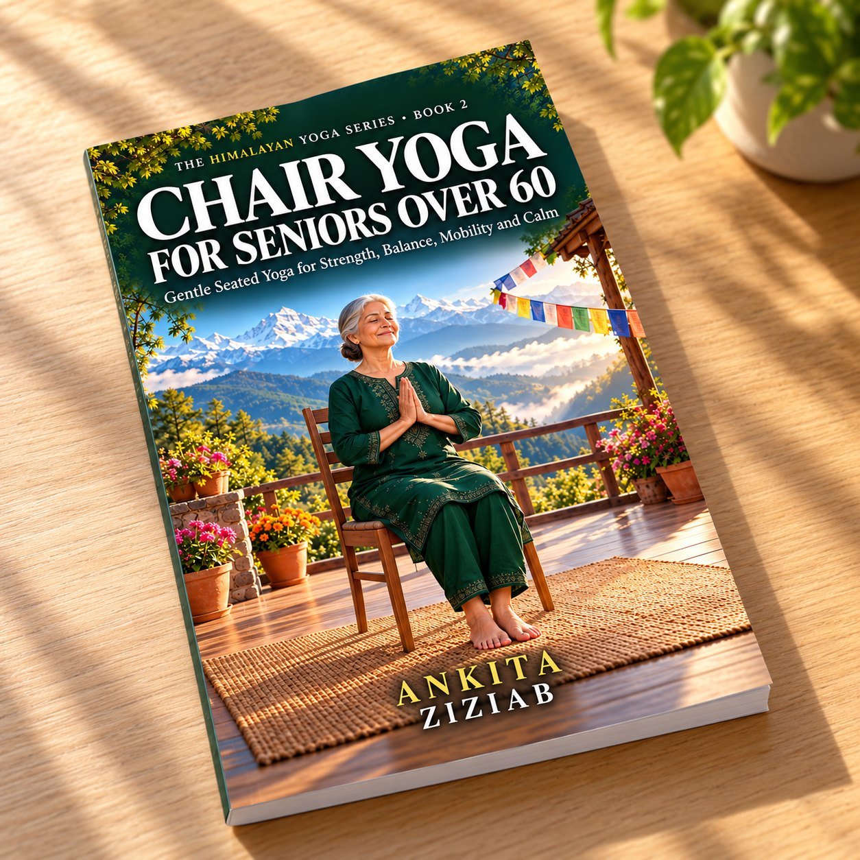 Chair Yoga for Seniors Over 60 paperback lying on a sunny wooden table