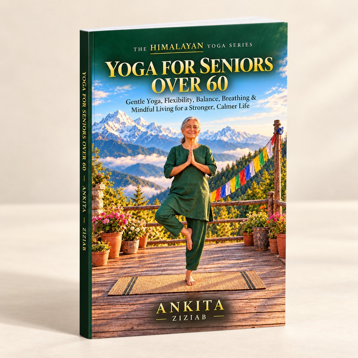 Yoga for Seniors Over 60 paperback standing, with the spine showing