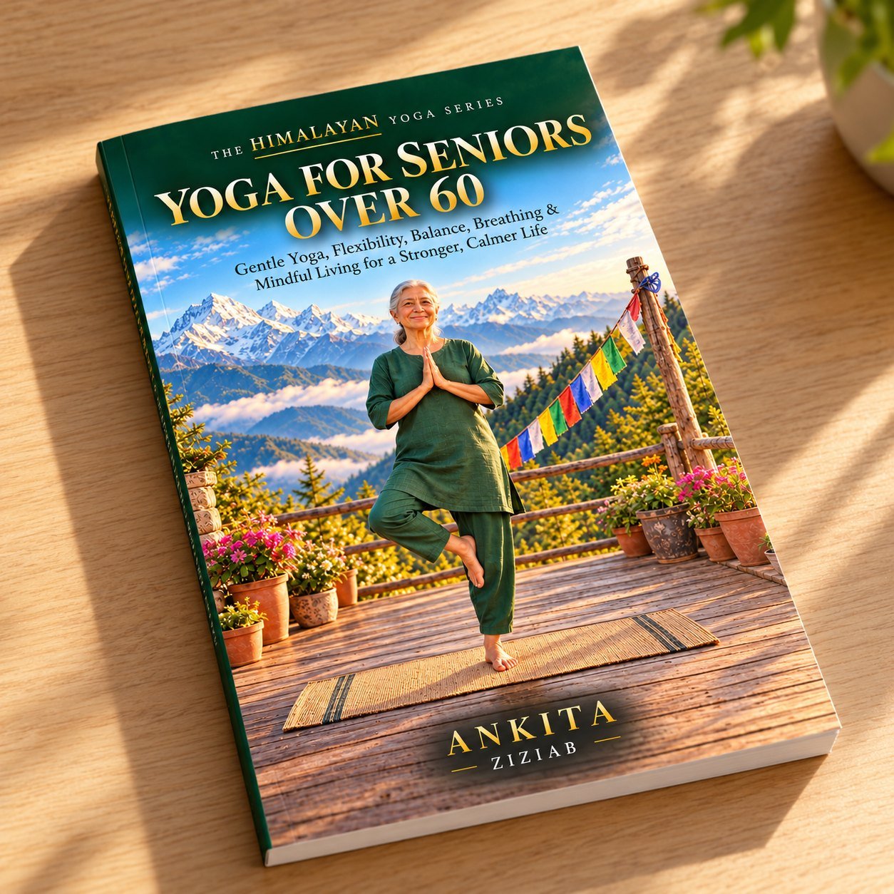 Yoga for Seniors Over 60 paperback lying on a sunny wooden table